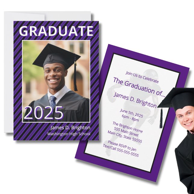 Purple Football Themed Photo Graduation Invitation (Creator Uploaded)