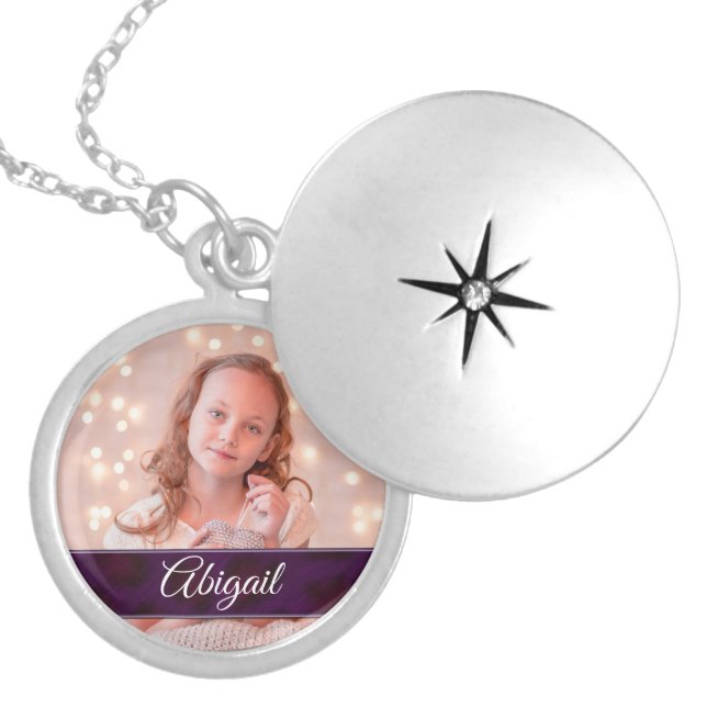 Purple for Her with Name and Photo Silver Plated Necklace (Front)