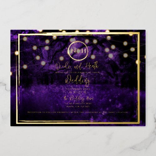 Purple Forest Lights Elegant Wedding Photo Gold  Foil Invitation