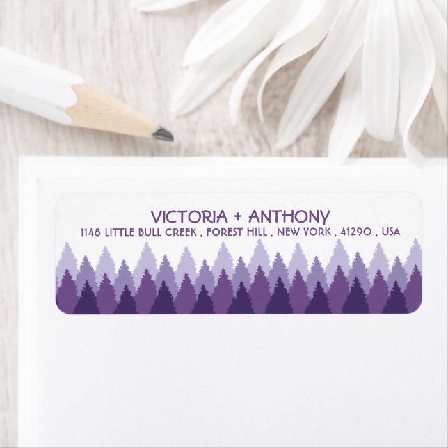 Purple Forest Range Woodland Wedding Label (Insitu)