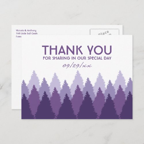 Purple Forest Range Woodland Wedding Thank You Postcard