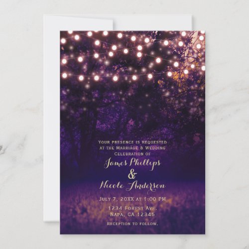 Purple Forest Sunset String Lights Rustic Wedding Invitation