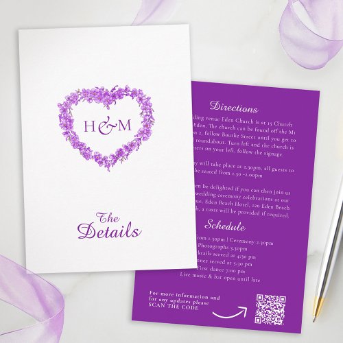 Purple forget me nots inked art wedding details QR