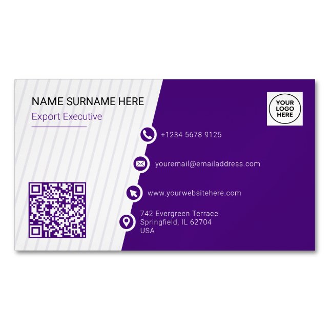 Purple Formal QR Code Modern Business Card Magnet (Front)