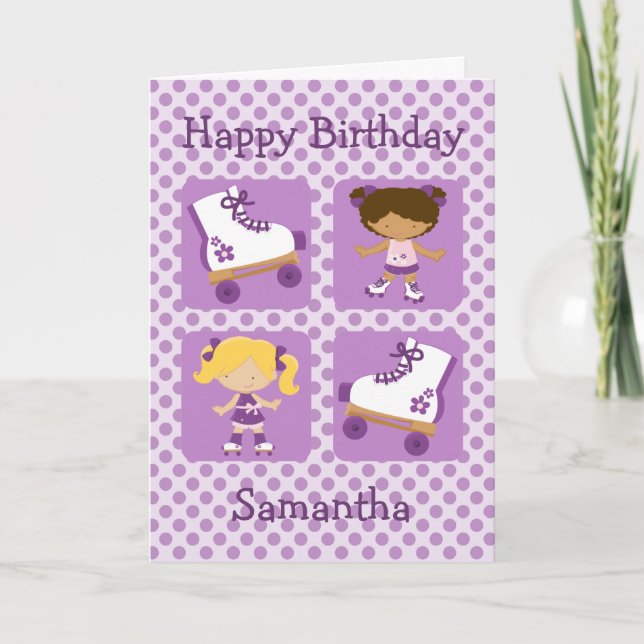 Purple Four Square Rollerskating Birthday Card (Front)