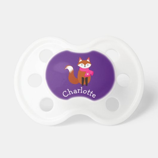 Purple Fox Cute Pink Scarf Personalized Baby Pacifier (Front)
