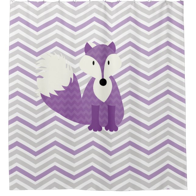 Purple Fox on Gray, White, Lilac Chevron Stripes Shower Curtain (Front)