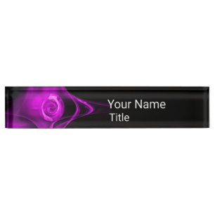 PURPLE FRACTAL ROSE IN BLACK,Abstract Swirls Name Plate