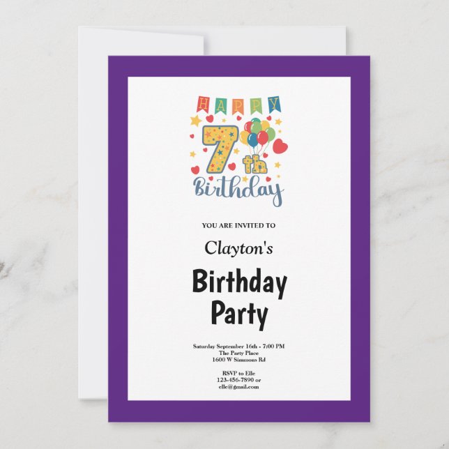 Purple Framed 7th Birthday Party Invitation (Front)