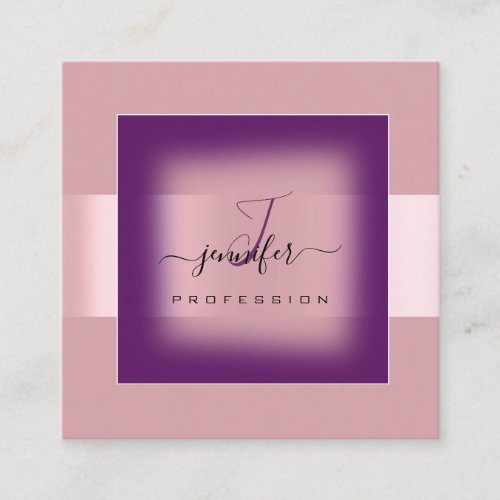 Purple Framed  Makeup Monogram Name Social Rose Square Business Card