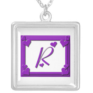 Purple Framed Monogram Letter R Silver Plated Necklace