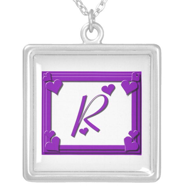 Purple Framed Monogram Letter R Silver Plated Necklace (Front)