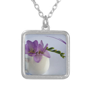 purple freesia buds silver plated necklace
