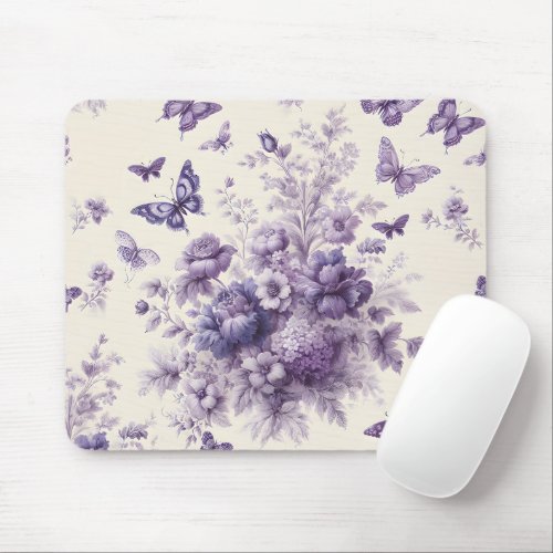 Purple French Country Toile Fleurie Butterflies Mouse Pad