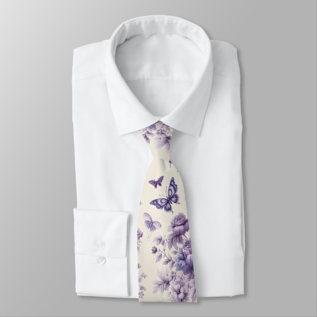 Purple French Country Toile Fleurie Butterflies Neck Tie (Tied)