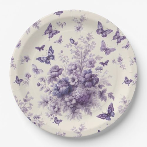 Purple French Country Toile Fleurie Butterflies Paper Plates