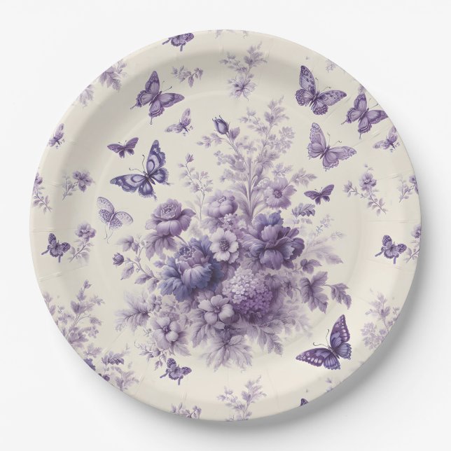 Purple French Country Toile Fleurie Butterflies Paper Plates (Front)