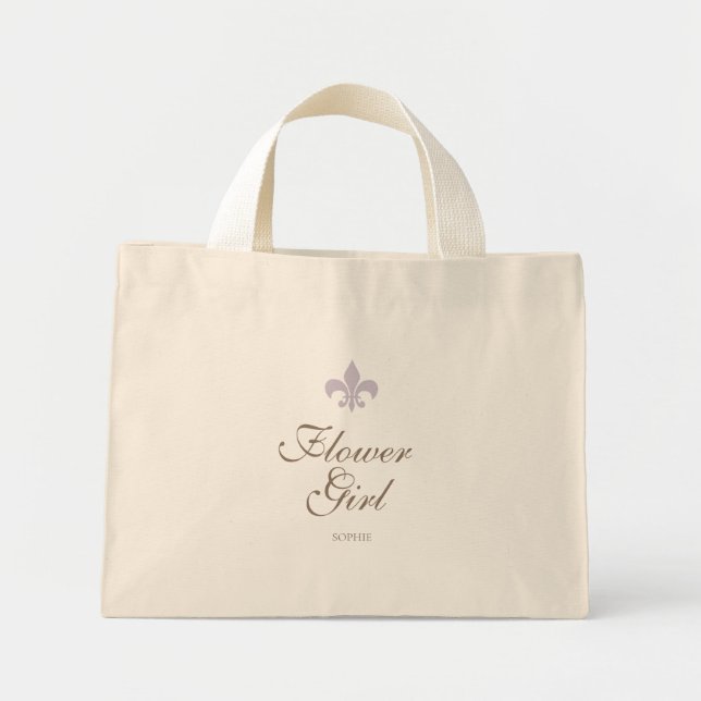 Purple French Fleur de Lis Flower Girl Name Mini Tote Bag (Front)