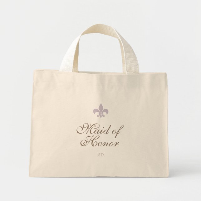 Purple French Fleur de Lis Maid of Honor Initial  Mini Tote Bag (Front)