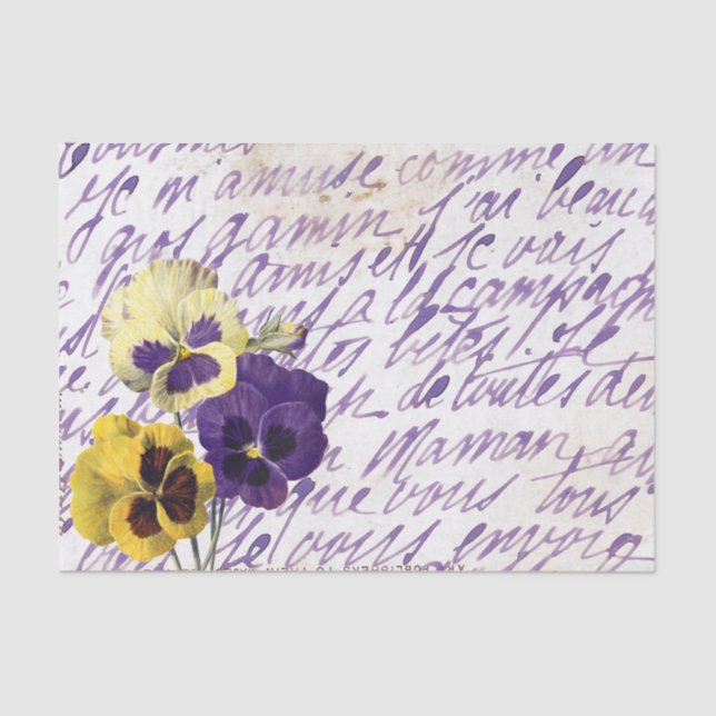 Purple French Script Pansy Flower Vintage  Tissue Paper (Front)