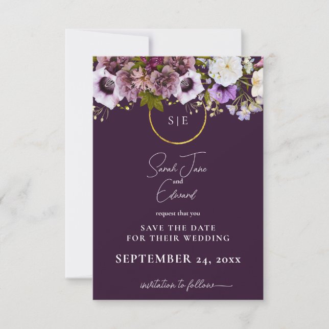 Purple Fresh Floral Wedding Vertical Save The Date (Front)