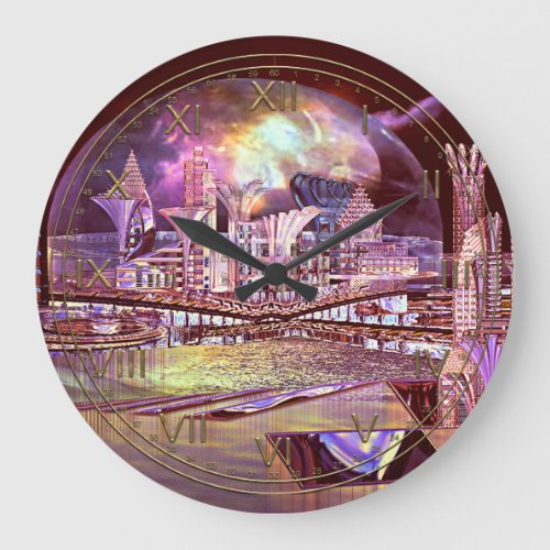 Purple Fringing Fantasy Futuristic City Large Clock