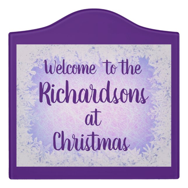 Purple Frost Personalised Family Christmas Welcome Door Sign (Large Crest Front)