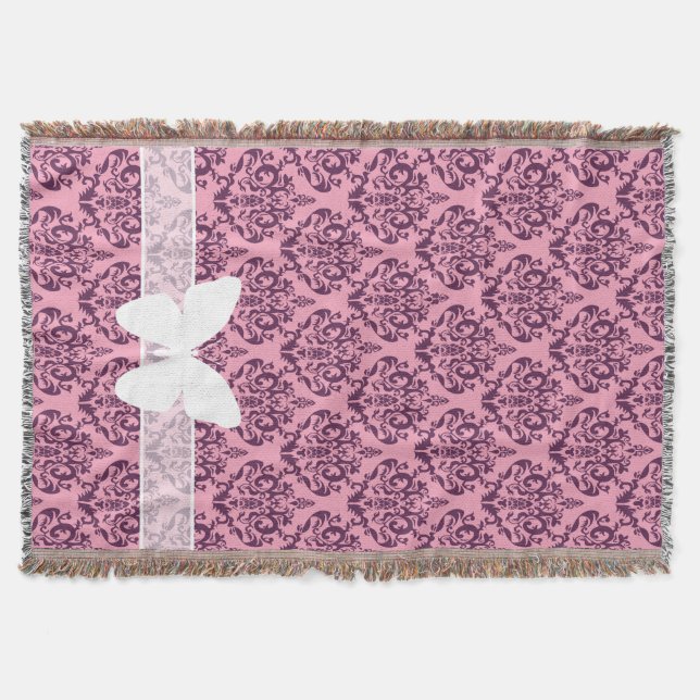 Purple Frosted Orchid Damask with Butterfly Throw Blanket (Front)