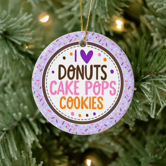 Purple Frosted Sprinkles I Love Donuts Cake Pop Ceramic Ornament (Tree)