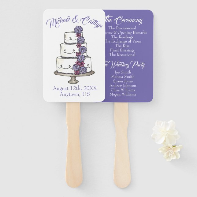 Purple Frosting Roses Floral Cake Wedding Program Hand Fan (Front and Back)
