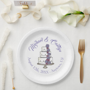 Purple Frosting Roses Tiered Floral Wedding Cake Paper Plates