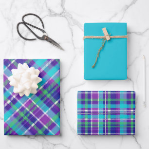 Purple, Fuchsia, Aqua, Green, Blue & White Plaid Wrapping Paper Sheets