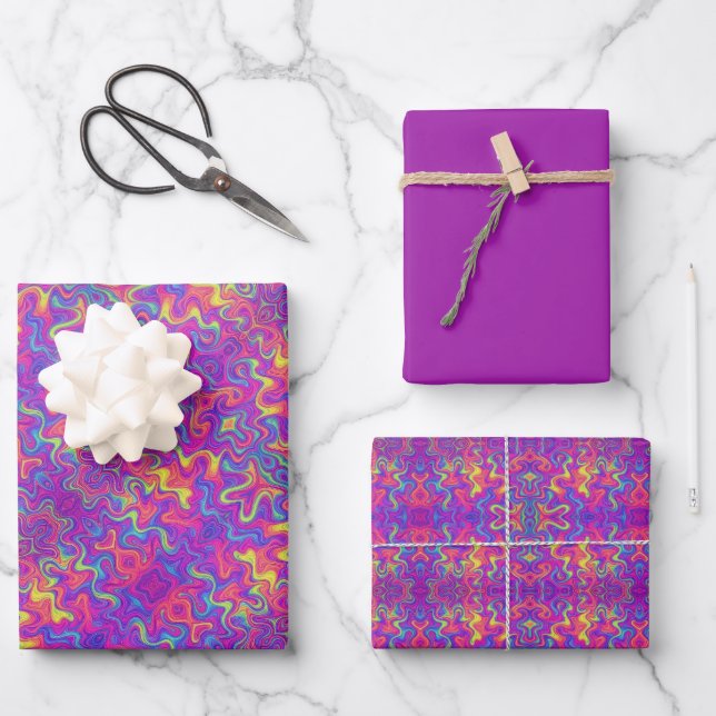 Purple, Fuchsia, Orange & Yellow Swirl Pattern Wrapping Paper Sheets (Front)