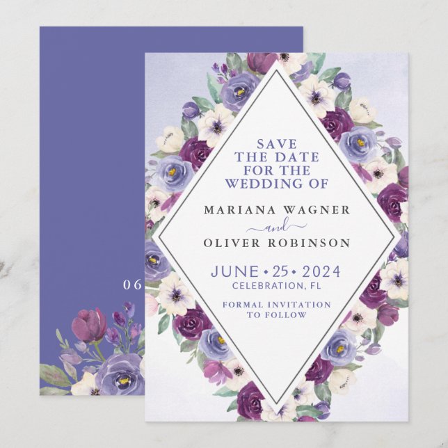 Purple Fuchsia Watercolor Floral Save the Date Invitation (Front/Back)