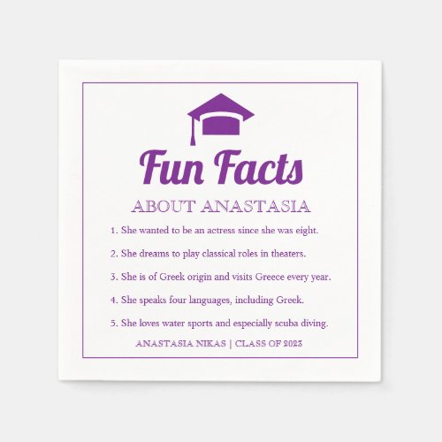 Purple Fun Facts class of 2022 graduation cap Napkins