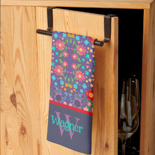 Purple Fun Floral Pattern Stylish Initial Name Kitchen Towel