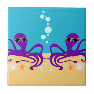 Purple Fun Groovy Octopus Cartoon Art Ceramic Tile