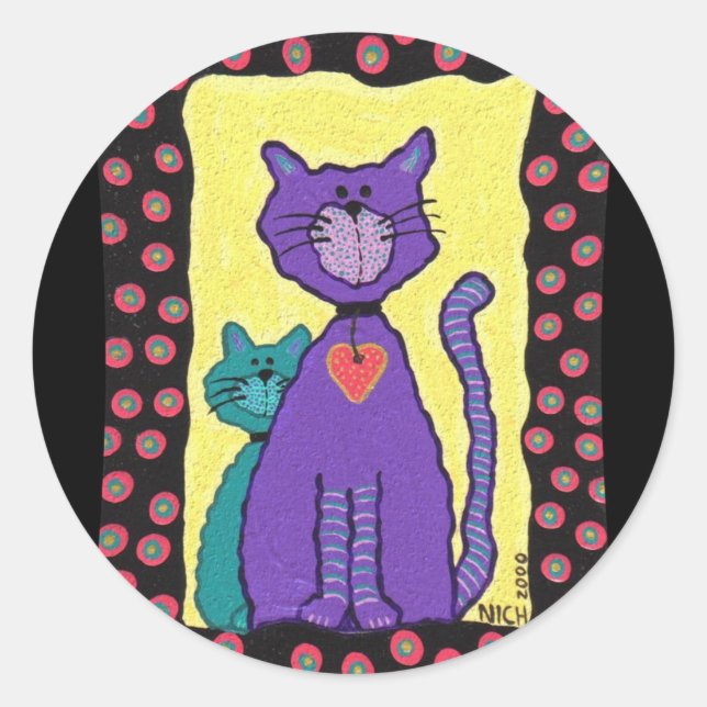 Purple Funky Cat & Kitty - stickers (Front)