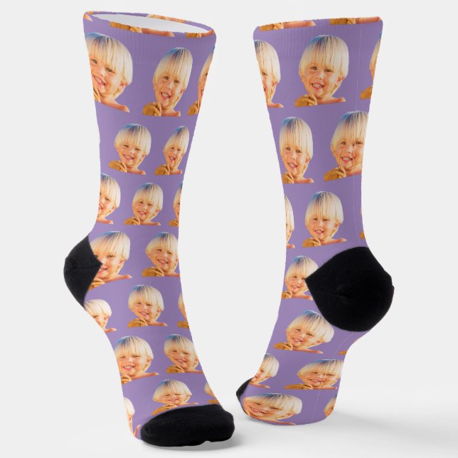 Purple Funny Custom Son Face Photo Crew Socks (Angled)