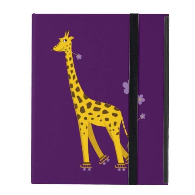 Purple Funny Giraffe Roller Skating Strap Folio iPad Cover (Front Closed)