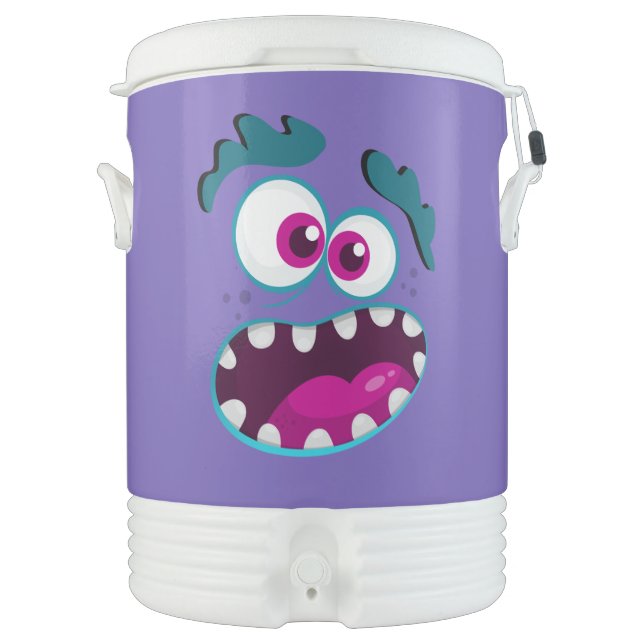 Purple Funny Monster Character Happy Scary Face Beverage Cooler (Front)