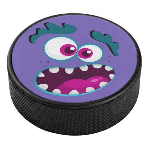Purple Funny Monster Character Happy Scary Face Hockey Puck