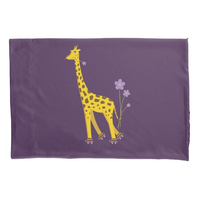 Purple Funny Roller Skating Giraffe Pillow Case (Front)