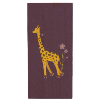 Purple Funny Roller Skating Giraffe Wood Flash Drive