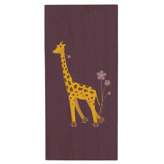 Purple Funny Roller Skating Giraffe Wood Flash Drive (Front Vertical)