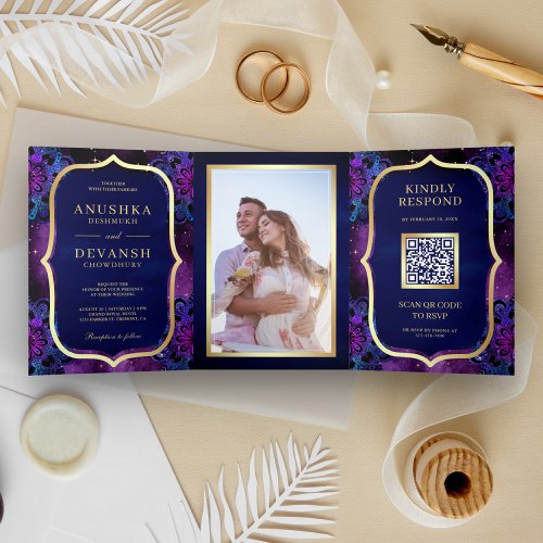 Purple Galaxy Blue Mandala QR Code Indian Wedding Tri_Fold Invitation
