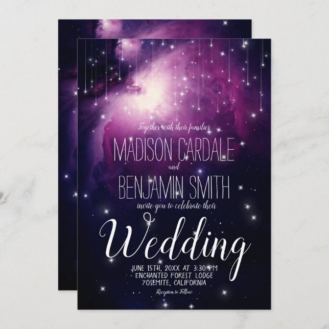 Purple Galaxy Celestial Stars Fairy Lights Wedding Invitation (Front/Back)
