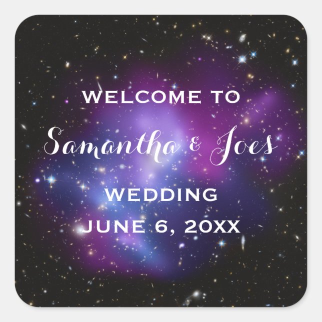 Purple Galaxy Cluster Planetarium Wedding Favor Square Sticker (Front)