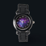 Purple Galaxy Cluster Watch<br><div class="desc">White Roman numerals on a clock face against a space image featuring: Galaxy Cluster MACS J0717 thanks to NASA and Hubble program.</div>