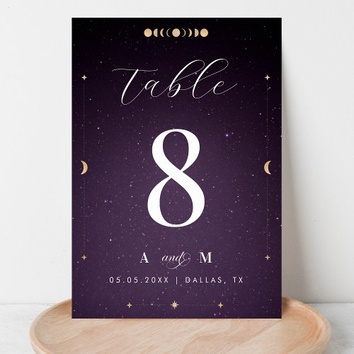 Purple Galaxy Cosmic Gold Moon Celestial Wedding Table Number